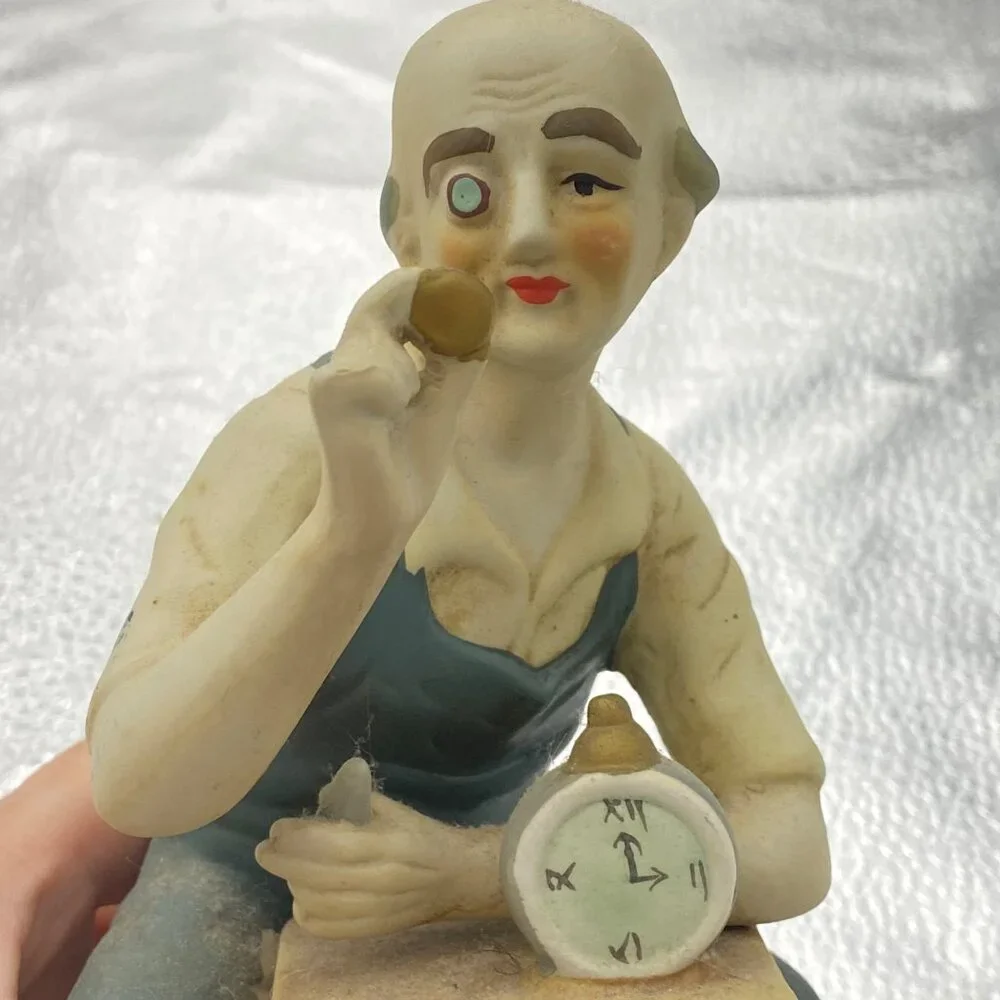 Vintage Porcelain Clockmaker Figurine Seated Craftsman Pocket Watch 7.5